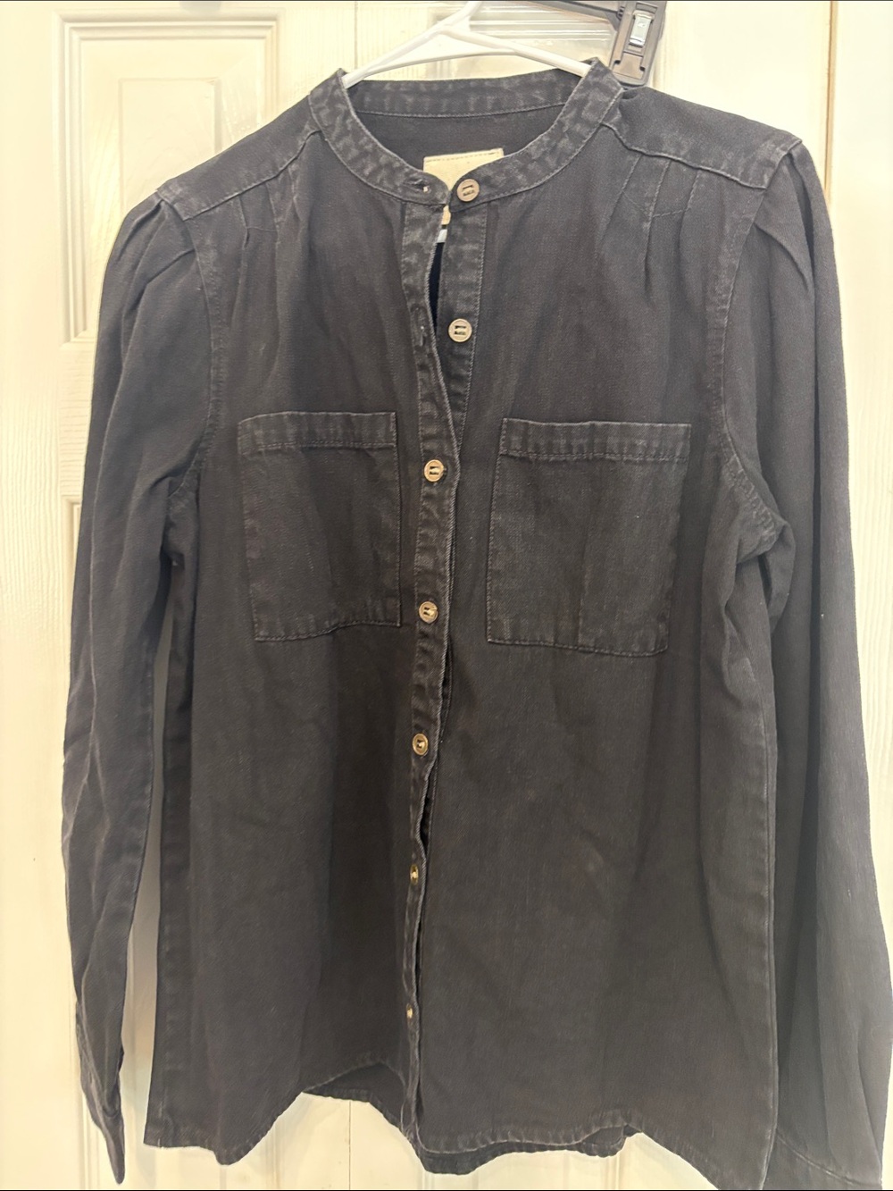 Unpublished Dark Black Band-Collar Button-Down Shirt 715